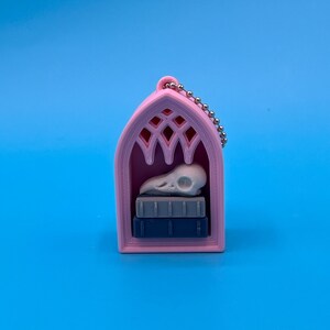 以下が含まれることがあります： ピンク色のゴシック様式のキーホルダー。鳥の頭蓋骨が2冊の本の上に置かれています。キーホルダーにはシルバーのボールチェーンが付いており、青い背景に配置されています。デザインは3Dプリントされています。