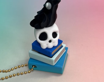 Gothic Book Stack Fidget Clicker, Raven, Skull Bones Keychain Gift for Reader Library Decor