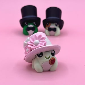 Op de afbeelding: Drie grillige kikkerbeeldjes. Eén kikker draagt een roze hoed met bloemen en houdt een hart vast. Twee andere kikkers dragen zwarte hoge hoeden en vlinderdassen. De achtergrond is effen roze.