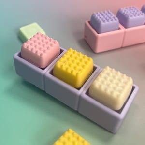 May include: A set of small, square, pastel-colored silicone containers, each holding a matching square insert with a textured, bumpy top surface. The colors include light pink, yellow, cream, lavender, and mint green in a modular arrangement.