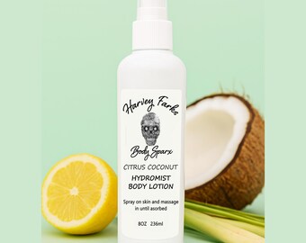 May include: A white bottle of Harvey Farks Body Sparx Citrus Coconut Hydromist Body Lotion, 8 oz, with a skull graphic. A halved lemon and a coconut half are next to the bottle. The lotion is for spraying on skin and massaging until absorbed.