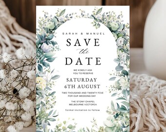 Greenery Wedding Save the Date, Boho Eucalyptus, Editable 5x7&quot;, Digital Download