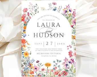Editable Wildflower Wedding Invitation Template, DIY Printable Botanical Invite, 5x7&quot; Custom Wedding Invitation Design, WF1