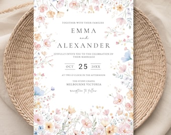 Floral Wedding Invitation Template, Wildflower Design, Canva Editable, Instant Download, WF1