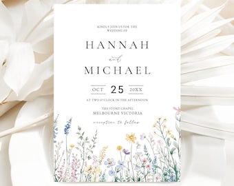 Floral Wedding Invitation Template, Wildflower Design, Editable Canva Template, WF1