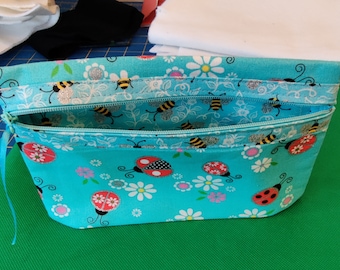 Lady Bug Baby Blue Front zipper Bag 8" x 5" with 1.25" Pleated Bottom