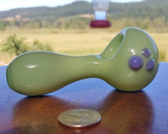 Milky Slyme Green Spoon Glass pipe with purple Dots