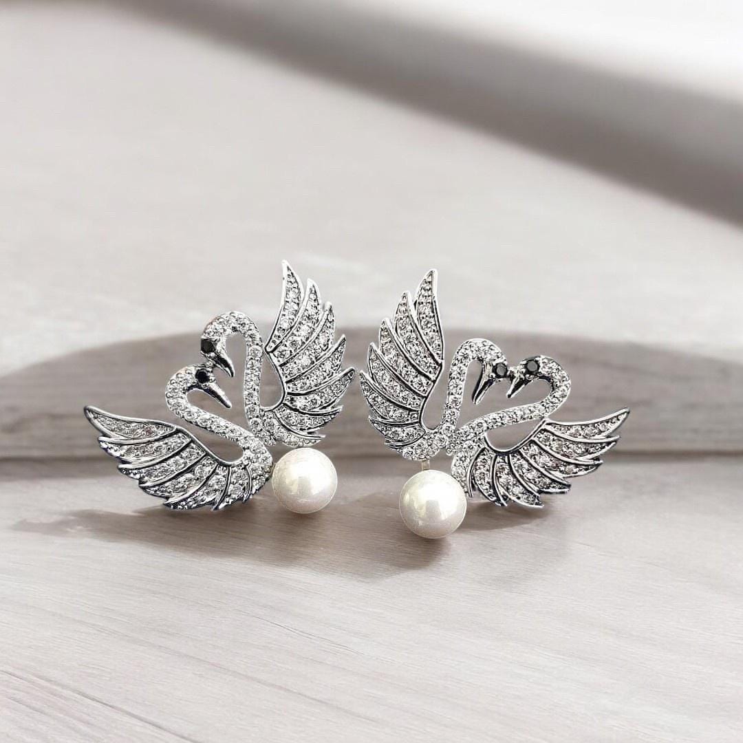 Boucles D'oreilles Anciennes Cygnes - Argent Massif 925, Or Rose, Topaze Bleue