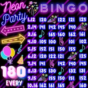 Neon Party 180 PYP Line Bingo Board, 180 in Each Row Bingo