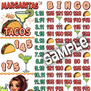 Pode incluir: Um cartão de bingo colorido com as palavras "Margaritas e Tacos". O cartão apresenta ilustrações de margaritas e tacos, números e a palavra "SAMPLE" em branco. Uma mulher segura uma margarita e um taco.