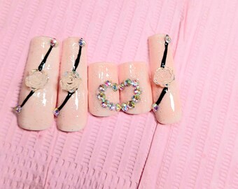 Glitter Pink Press On Nails: Floral Rhinestone Square - 20 Piece Set
