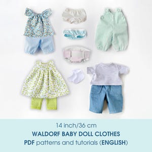 Clothes set for a 14 inch/36 cm Waldorf baby doll. PDF sewing patterns and step-by-step photo tutorials. Rag doll clothes making guide