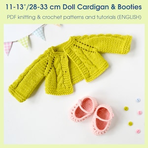 11-13’’/28-33 cm Waldorf doll knitted cardigan and crochet booties PDF crochet and knitting patterns and step-by-step photo tutorials.