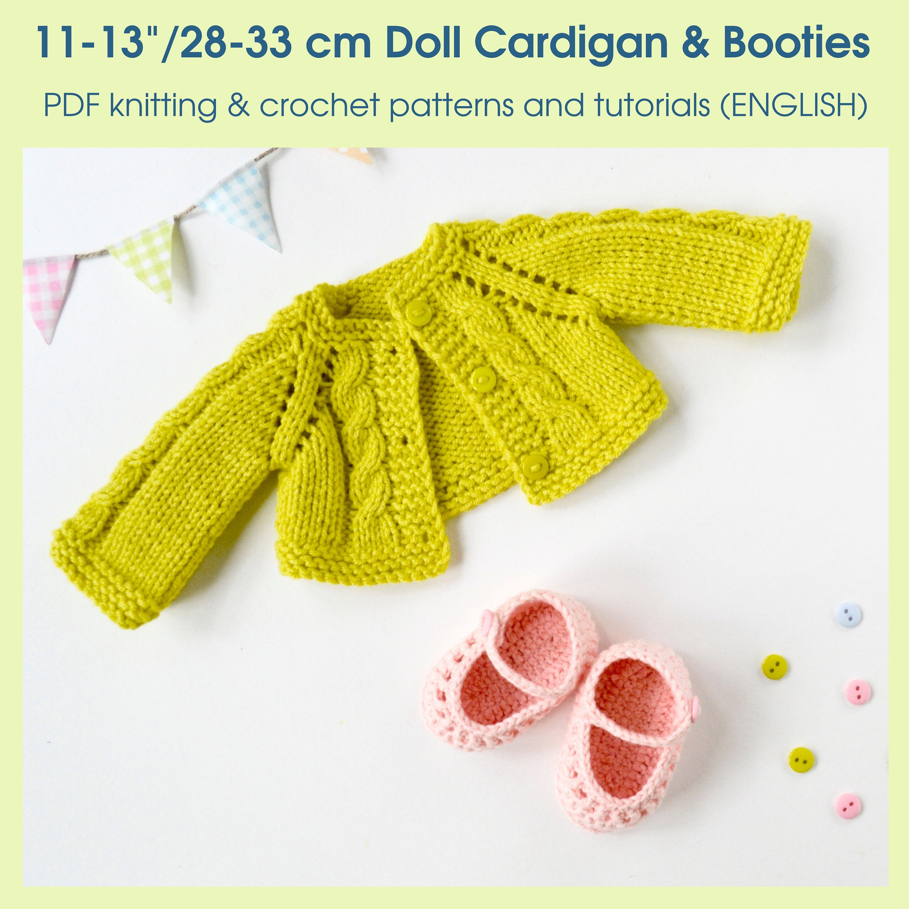 11-13''/28-33 Cm Waldorf Doll Knitted Cardigan and Crochet Booties PDF  Crochet and Knitting Patterns and Step-by-step Photo Tutorials. - Etsy, image size:3000x3000