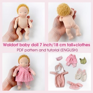 7 inch/ 18 cm Waldorf baby doll. PDF sewing pattern and tutorial. Doll clothes patterns as a bonus! DIY Steiner doll, rag doll making guide