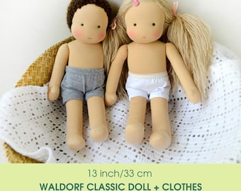 13''/33 cm classic Waldorf doll. PDF sewing pattern and tutorial. Doll clothes patterns as a bonus! DIY Steiner doll, rag doll making guide