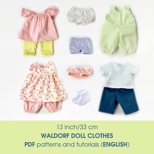 Zestaw ubranek dla lalki Waldorf o wymiarach 13 cali/33 cm. Wykroje i samouczki w formacie PDF.