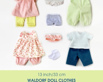 Clothes set for a 13 inch/33 cm Waldorf doll. PDF sewing patterns and tutorials.