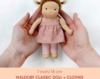 7 ''/18 cm Waldorf classic doll. PDF sewing pattern and tutorial. Doll clothes patterns as a bonus! DIY Steiner doll, rag doll making guide