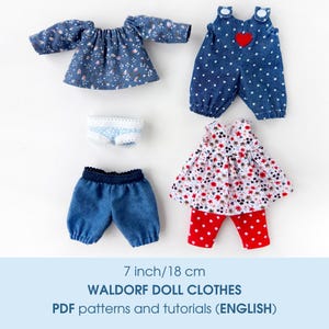 Clothes set for a 7 inch/18 cm Waldorf doll. PDF sewing patterns and tutorials.