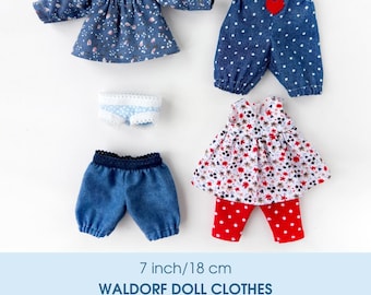 Clothes set for a 7 inch/18 cm Waldorf doll. PDF sewing patterns and tutorials.