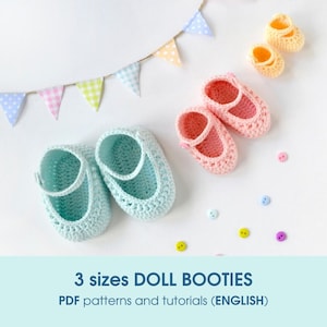 3 sizes Waldorf doll crochet booties PDF crochet patterns and step-by-step photo tutorials. Rag doll crochet shoes making guide.