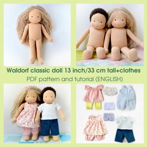 13&#39;&#39;/33 cm classic Waldorf doll. PDF sewing pattern and tutorial. Doll clothes patterns as a bonus! DIY Steiner doll, rag doll making guide
