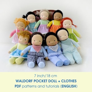 Patrón de costura en PDF para muñeca Waldorf de bolsillo de 18 cm (7 pulgadas) de altura + conjunto de ropa