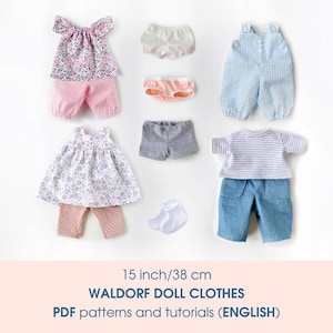 Clothes set for a 15 inch/38 cm Waldorf doll. PDF sewing patterns and step-by-step photo tutorials. Rag doll clothes making guide