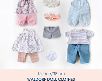 Clothes set for a 15 inch/38 cm Waldorf doll. PDF sewing patterns and tutorials.