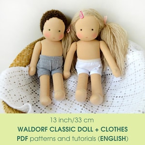 13''/33 cm classic Waldorf doll. PDF sewing pattern and tutorial. Doll clothes patterns as a bonus! DIY Steiner doll, rag doll making guide