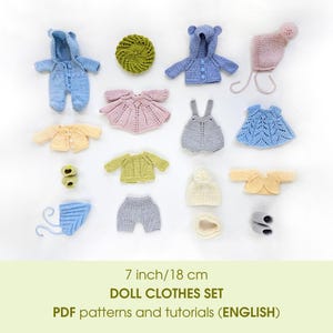 7 inch/18 cm Waldorf doll knitted clothes. Bundle of 16 PDF knitting and crochet patterns and tutorials.