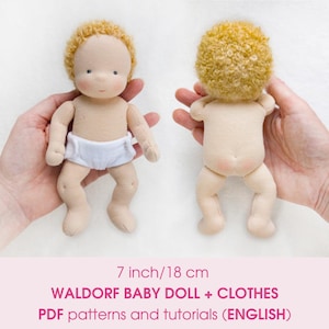 7 inch/ 18 cm Waldorf baby doll. PDF sewing pattern and tutorial. Doll clothes patterns as a bonus! DIY Steiner doll, rag doll making guide