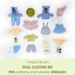 7 inch/18 cm Waldorf doll knitted clothes. Bundle of 16 PDF knitting and crochet patterns and tutorials.