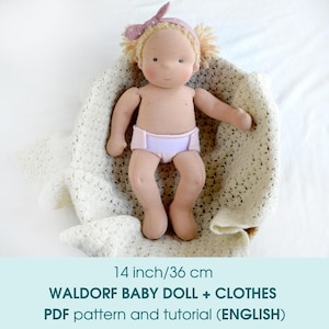 Poupée Waldorf de 36 cm (14 po.). Patron de couture PDF et tutoriel. Des patrons de vêtements de poupée en bonus ! Poupée Steiner DIY, guide de fabrication de poupées de chiffon