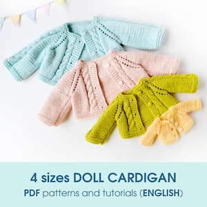 4 sizes Waldorf doll knitted cardigan PDF knitting patterns and step-by-step photo tutorials. Rag doll cardigan step-by-step making guide