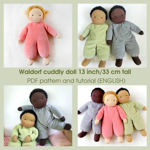 13 inch/33 cm cuddly Waldorf doll. PDF sewing pattern and tutorial. DIY Steiner doll, rag organic natural doll making guide