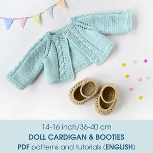 14-16’’/36-40 cm Waldorf doll knitted cardigan and crochet booties PDF crochet and knitting patterns and step-by-step photo tutorials.