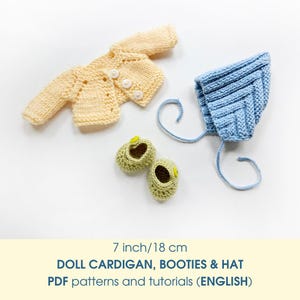 Wzory na robótki na drutach (kardigan, czapka, buciki) dla lalki o długości 18 cm (7 cali) (pobierz plik PDF)
