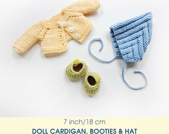 Modèles de tricot de vêtements (cardigan, chapeau, chaussons) pour une poupée de 18 cm (7 po.) (téléchargement PDF)