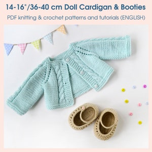 14-16’’/36-40 cm Waldorf doll knitted cardigan and crochet booties PDF crochet and knitting patterns and step-by-step photo tutorials.