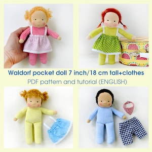 7 inch/18 cm Waldorf pocket doll. PDF sewing pattern and tutorial. Doll clothes patterns as a bonus! DIY Steiner doll, rag doll making guide