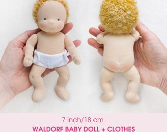 7 inch/ 18 cm Waldorf baby doll. PDF sewing pattern and tutorial. Doll clothes patterns as a bonus! DIY Steiner doll, rag doll making guide