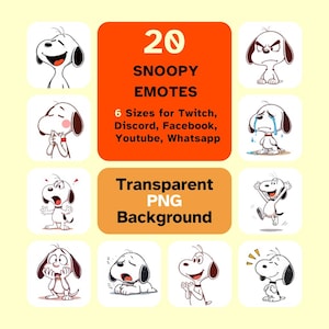 May include: A collection of 20 Snoopy emotes in various expressions, set against a light yellow background. The image includes text that reads "20 Snoopy Emotes" and "Transparent PNG Background."