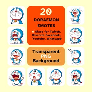 May include: A collection of 20 Doraemon emotes in various poses, with a transparent PNG background. The image includes text indicating the emotes are available in 6 sizes for Twitch, Discord, Facebook, YouTube, and Whatsapp.