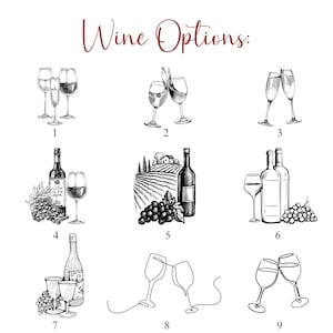 May include: Nine black and white illustrations of wine glasses and bottles. Each illustration is numbered 1 through 9. The illustrations are arranged in a grid of three rows and three columns. The text "Wine Options" is at the top of the image.