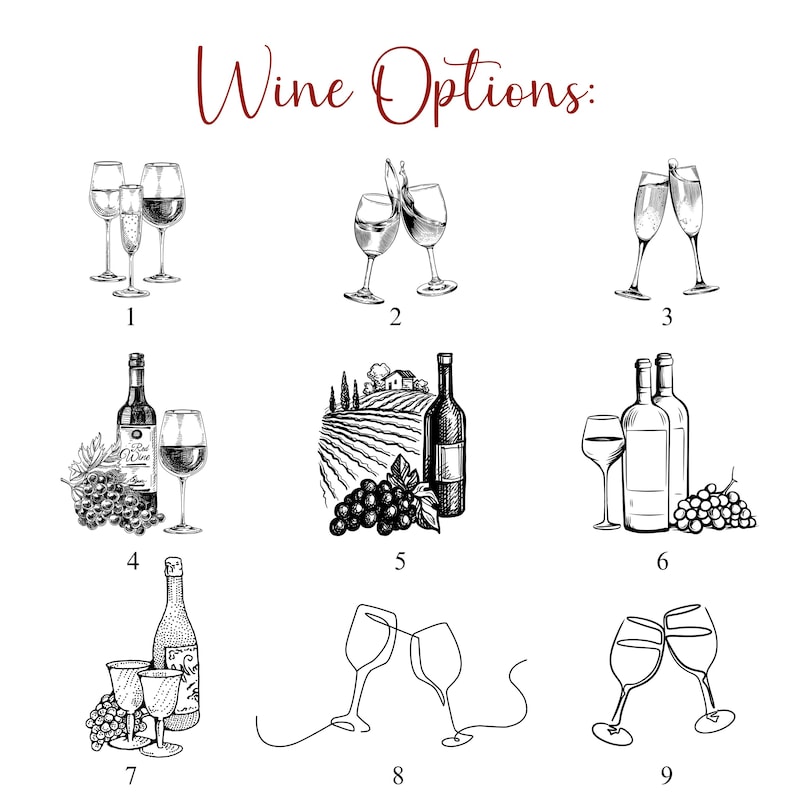 May include: Nine black and white illustrations of wine glasses and bottles. Each illustration is numbered 1 through 9. The illustrations are arranged in a grid of three rows and three columns. The text "Wine Options" is at the top of the image.