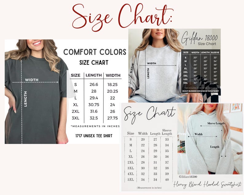 May include: Size chart for unisex t-shirts and hooded sweatshirts. The chart shows measurements in inches for different sizes, including S, M, L, XL, 2XL, 3XL, 4XL, and 5XL. The chart includes measurements for length, width, and sleeve length.