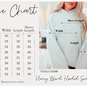 May include: Size chart for a Gildan 18500 Heavy Blend Hooded Sweatshirt. The chart shows measurements in inches for width, length, and sleeve length for sizes S through 5XL.