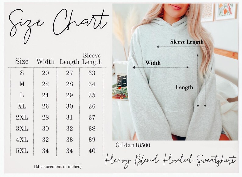 May include: Size chart for a Gildan 18500 Heavy Blend Hooded Sweatshirt. The chart shows measurements in inches for width, length, and sleeve length for sizes S through 5XL.